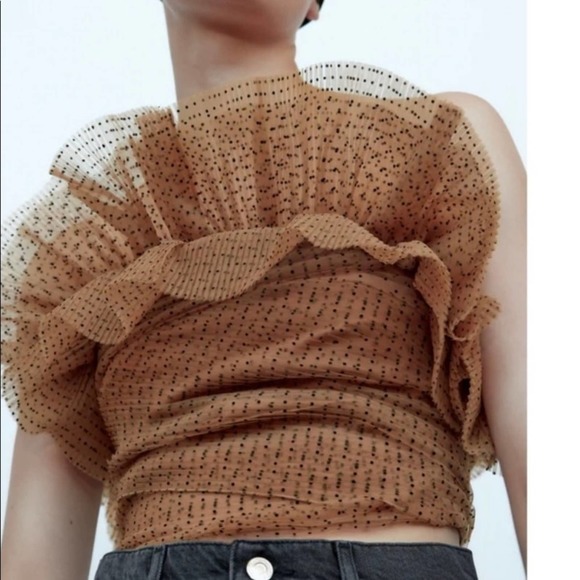 NWT Zara Nude Polka Dot Tulle Ruffle Top Size XS - Picture 2 of 11